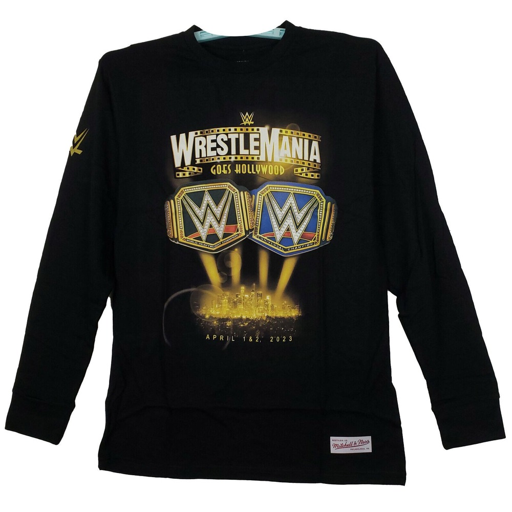 WWE Wrestlemania Goes Hollywood 39 Mitchell & Ness Medium Longsleeve Black NWT‎